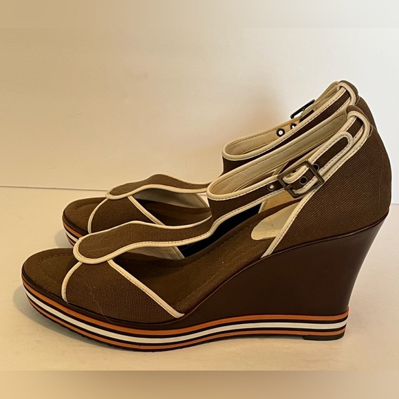 Cole Haan G Series Brown Canvas Stripes Peep Toe Wedge Heel Sandal - Picture 5 of 17